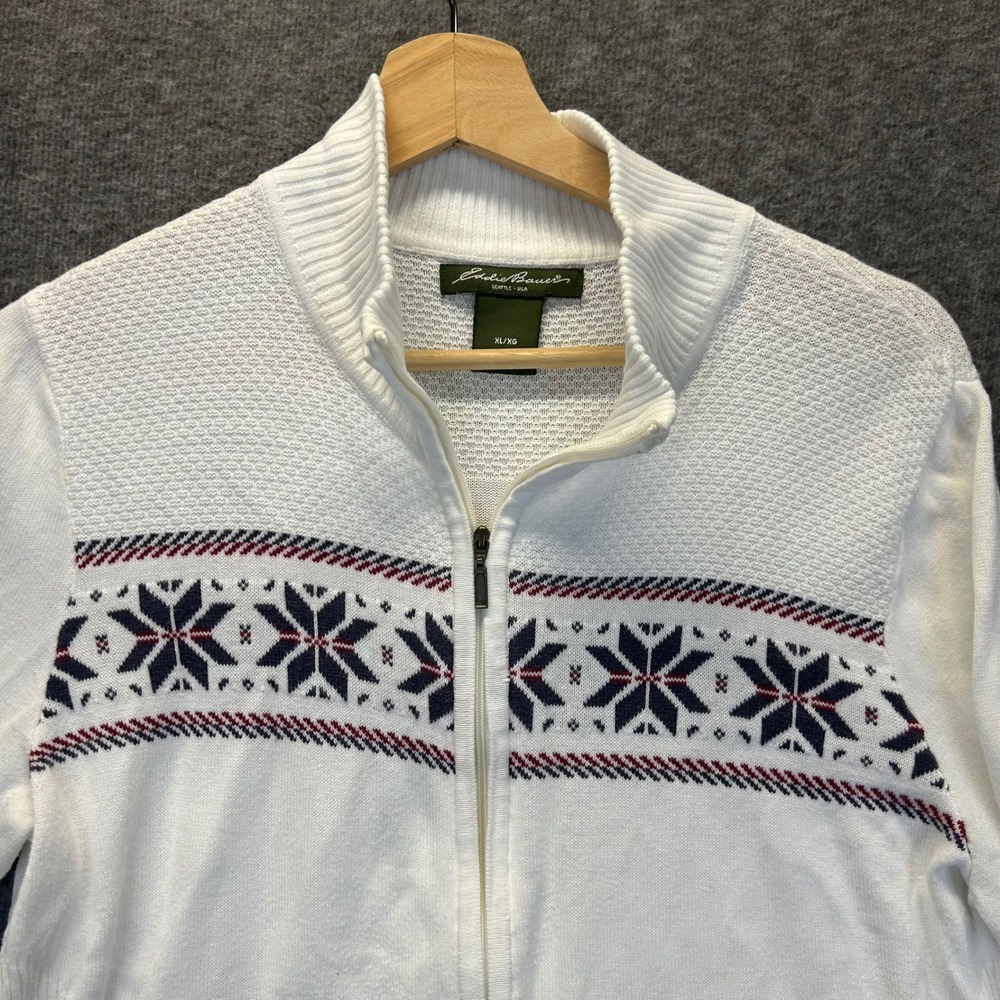 Eddie Bauer Womens XL White Fair Isle Snowflake Full Zip Cotton Cardigan Sweater